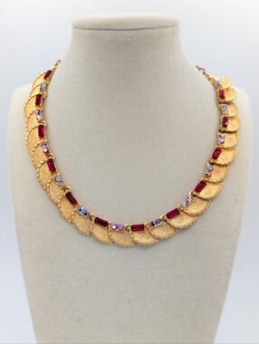 Vintage BSK Red Rhinestone Leaf Collar Necklace 15"